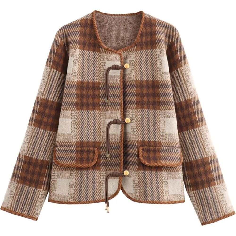 Women's Vintage Plaid Knit Sweater Blazer Jacket with Pockets, Button-Down